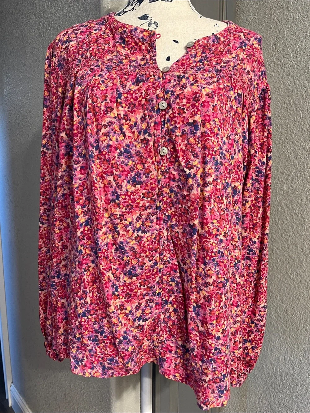 Time and Tru Pink Multicolor Floral Peasant Blouse